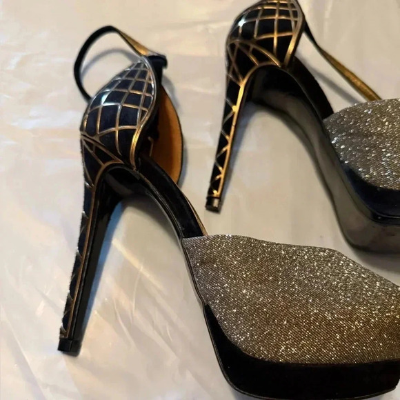 Sam Edelman Paulette Heel Gold Black Posh peep-toe silhouette pump Sparkle 6 - Picture 4 of 8